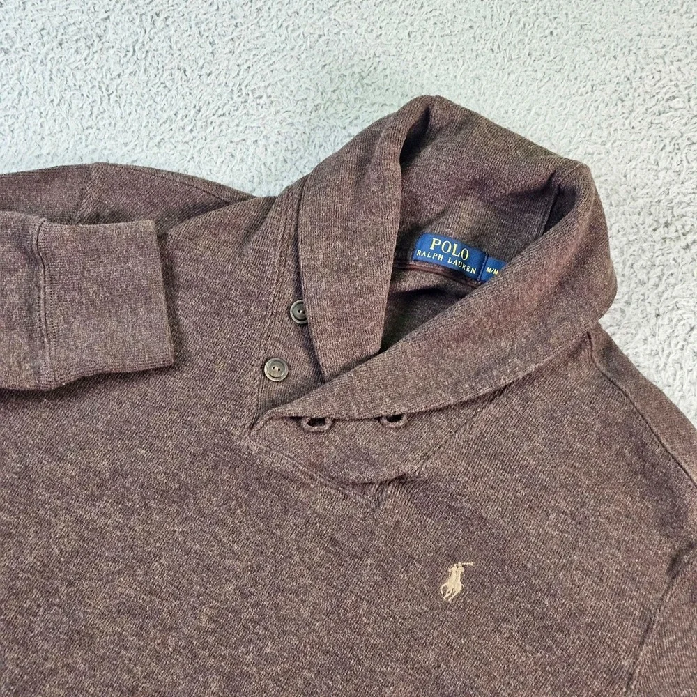 Polo Ralph Lauren Sweater Mens Medium Brown Cotton Shawl Collar Henley Pullover